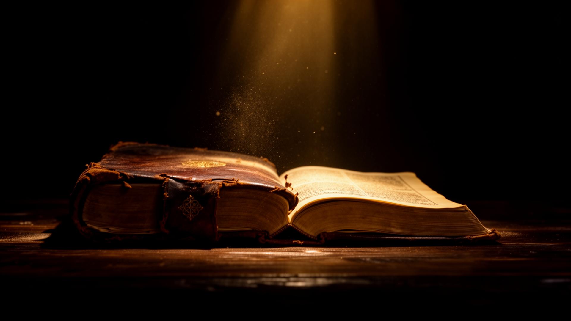 Livro antigo iluminado por luz dourada